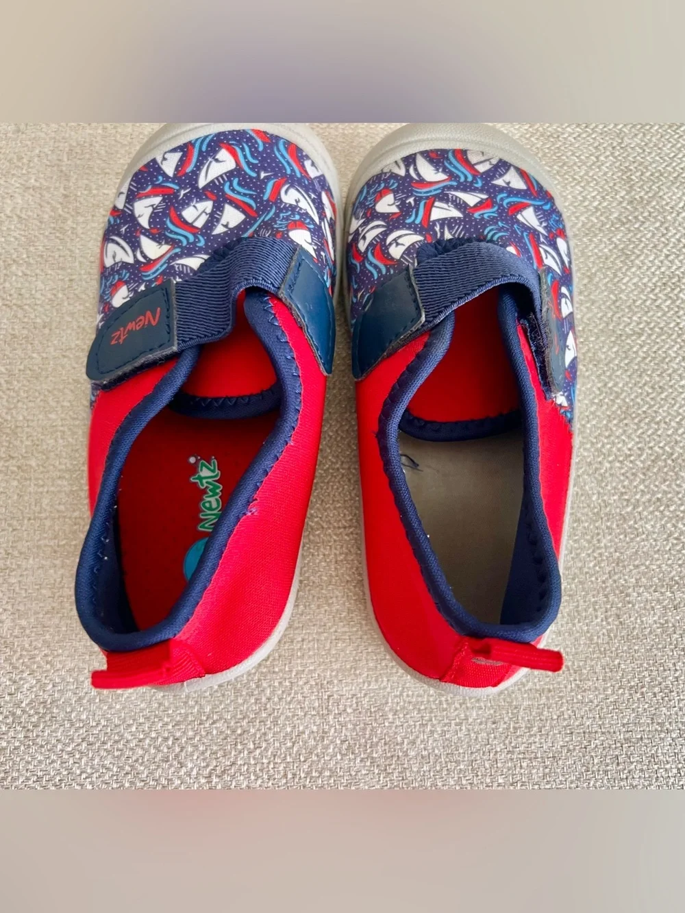 Newtz Size 9/10 Toddler Water Shoes Boat Print Red Navy GUC